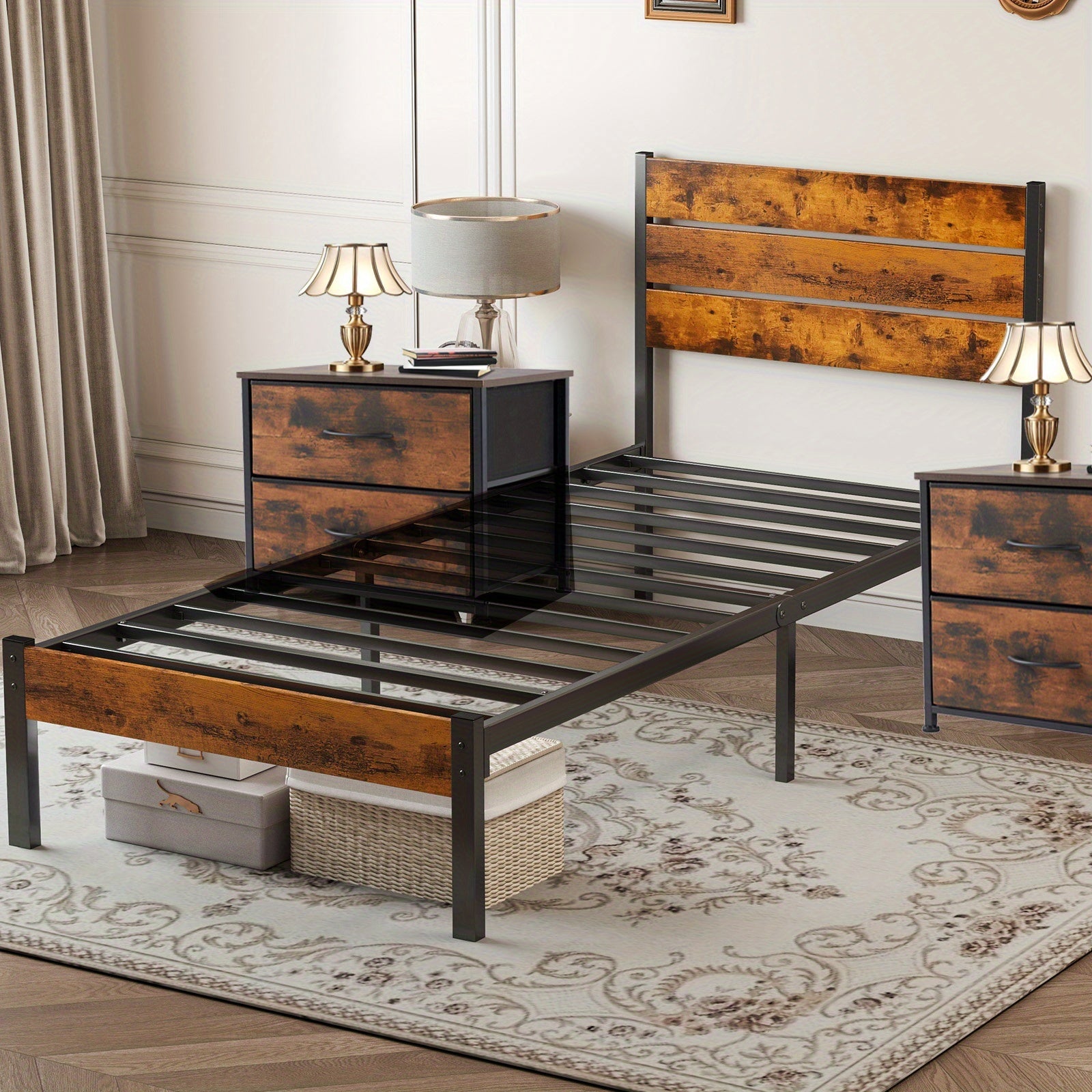 Metal Frame Bed Frame with Headboard, No Box Spring, Has Sturdy Wood Slats to Support 800 Lbs, Can Be Purchased Separately Or with a 2pcs Bedside Organizer (Fabric Drawer with 2 Storage Unit Compartments), Suitable for Bedroom, Living Room