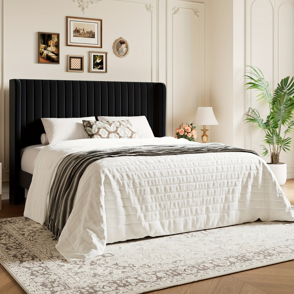 WEEWAY Wingback Velvet Upholstered Platform Bed Frame, Vertical Channel Tufted Headboard, Wooden Slats Support, Heavy Duty Mattress Foundation, No Box Spring Needed, Easy Assembly, Avabliable Full\u002FQueen\u002FKing Size, Free Shipping