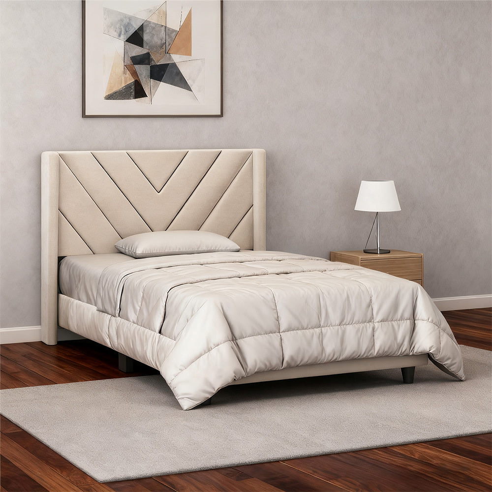 Costoffs Upholstered Bed Frame Platform Bed with Wing Edge, Twin\u002FFull\u002FQueen Size, Bed Frame with Headboard, Sturdy Mattress Support, No Box Spring Required, Local Warehouse, Beige\u002FGray\u002FPink\u002FBlue, Christmas Gift Christmas Furniture