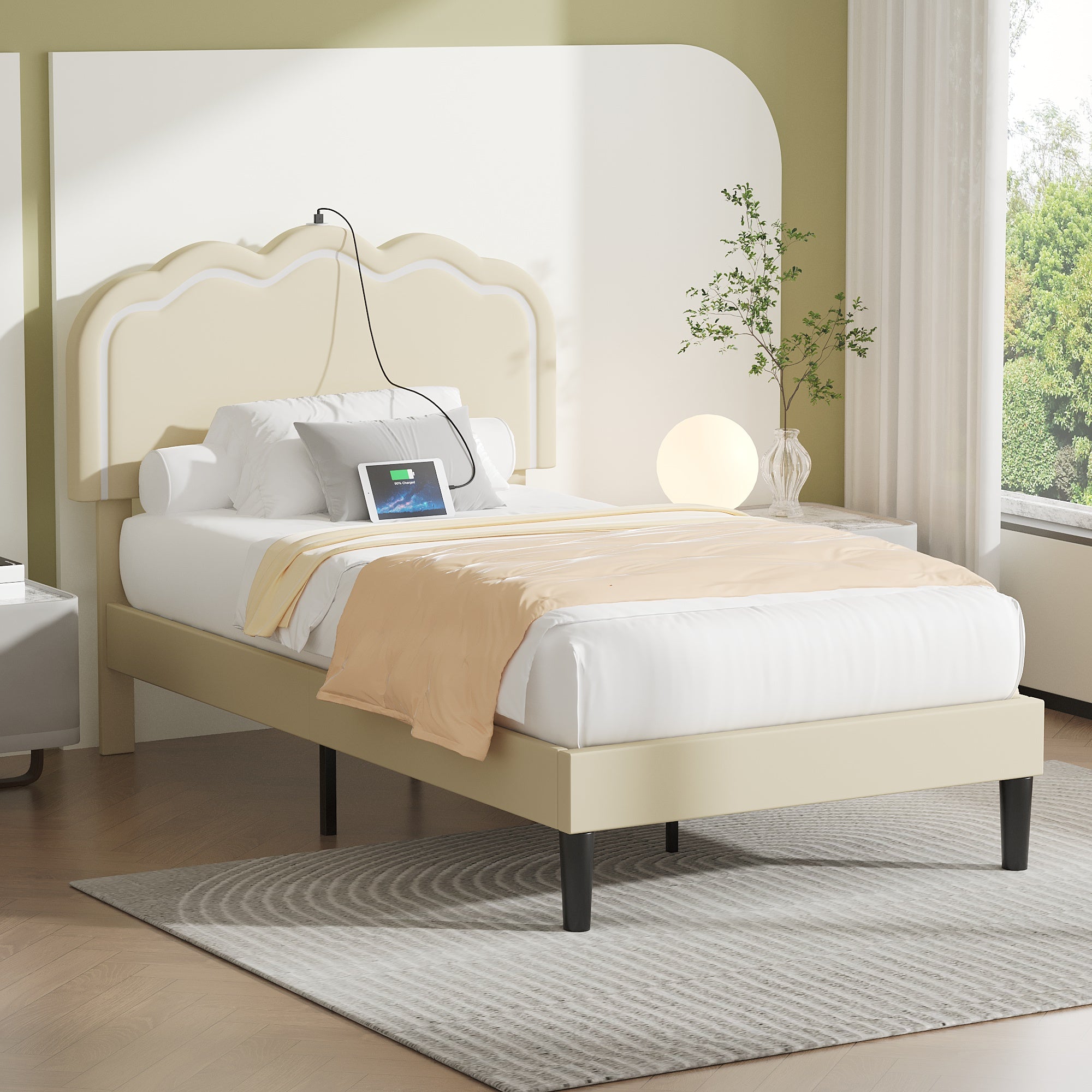 VECELO Twin\u002FFull\u002FQueen Size Upholstered Bed Frame with Headboard Adjustable, USB-A and Type-C, Wooden Slats Support, Beige