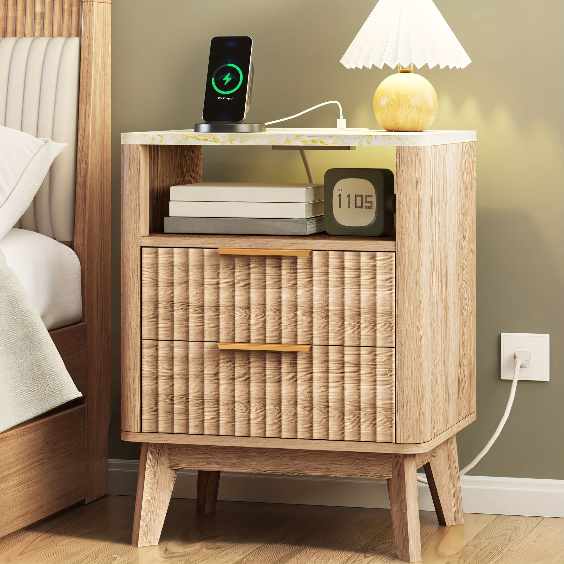 Large Fluted Night Stand with Charging Station | Mid Century Modern Bedroom Side Table with 2 Drawers and Open Storage Space, Wood Color, 17.7 x 13.7 x 23.6 inches, Hardwood and Artificial Board Material, TOMNK Brand