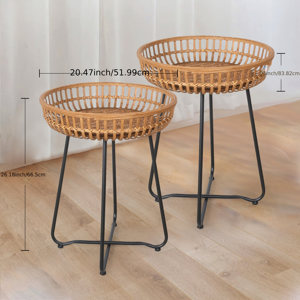 Oakrian Rattan Side Table Nesting Tables Set Of 2, Bamboo Round Table Coffee Table Metal Base End Table for Boho Living Room, Sofa, Bedroom, Terrace, Accent Table(20.47inch)