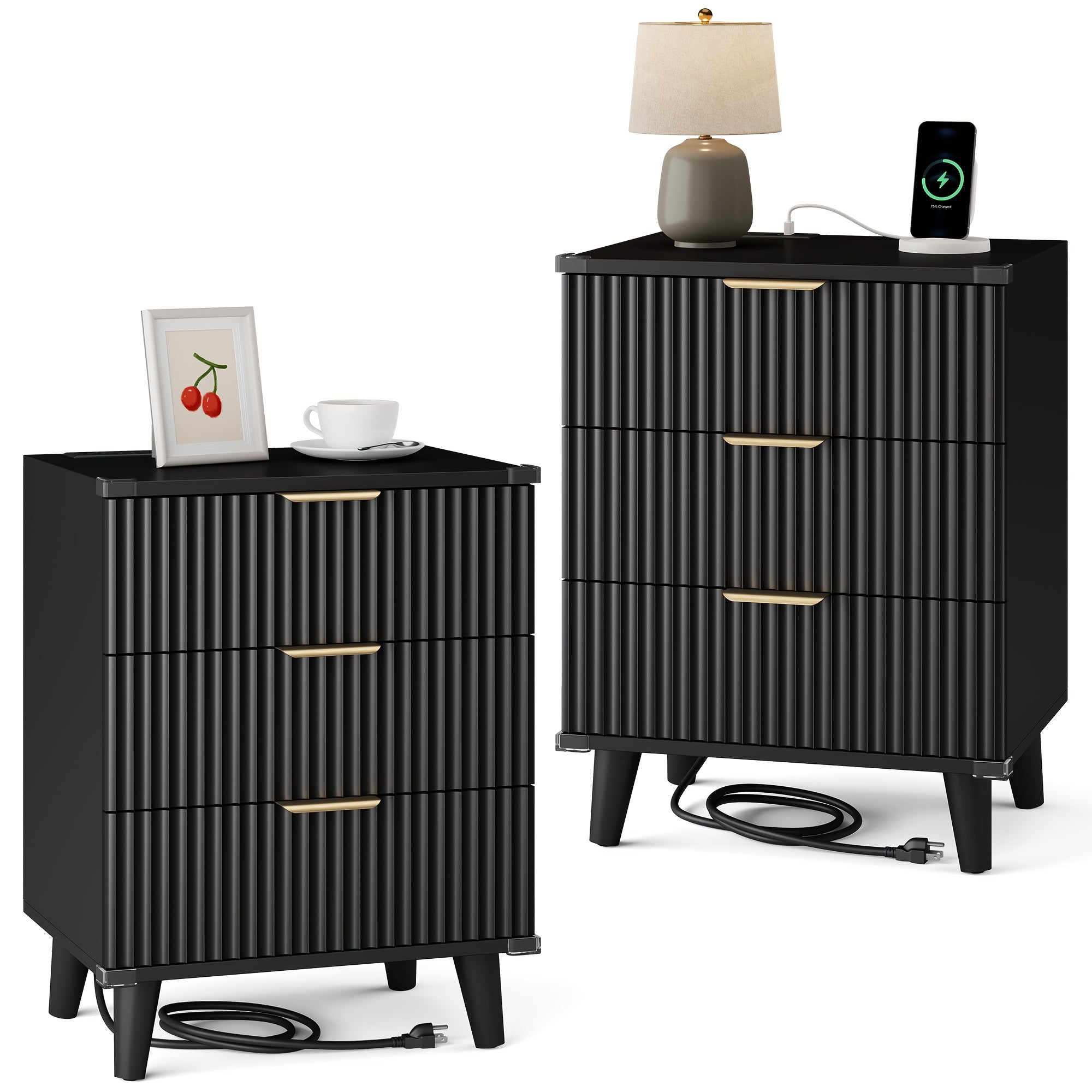 1pc Nightstand With Charging Station, Side Table With 3 Drawers, Bedside End Table With 2 USB Ports And 2 AC Outlets, Night Stand For Bedroom, Small Dresser For Small Spaces