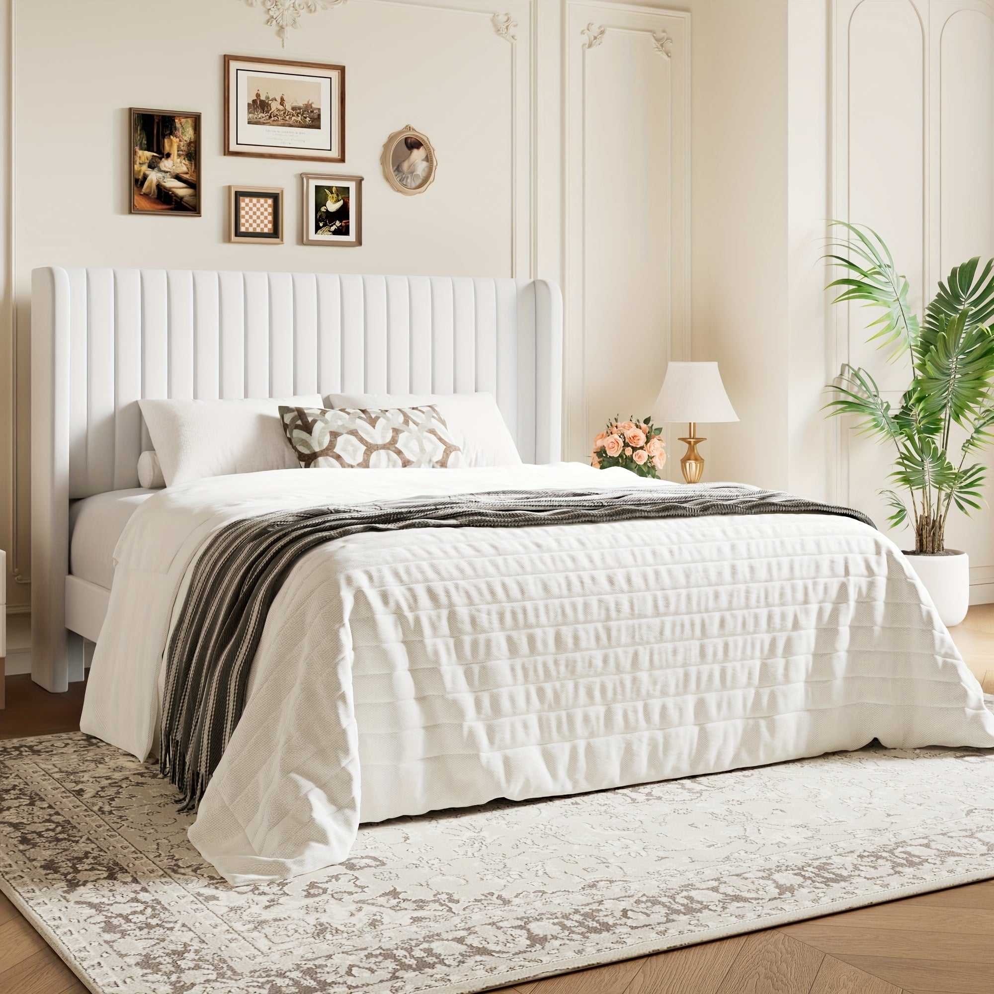 WEEWAY Wingback Velvet Upholstered Platform Bed Frame, Vertical Channel Tufted Headboard, Wooden Slats Support, Heavy Duty Mattress Foundation, No Box Spring Needed, Easy Assembly, Avabliable Full\u002FQueen\u002FKing Size, Free Shipping