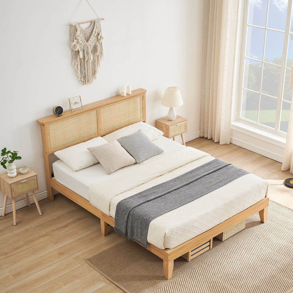Full Size Bed Frame with Natural Rattan Headboard & LED - Full Rattan Platform Bed Base, No Box Spring Needed, Easy Assembly Modern Platform Bed Suitable for Mattress Foundation, Contemporary Furniture for Living Room Centerpiece