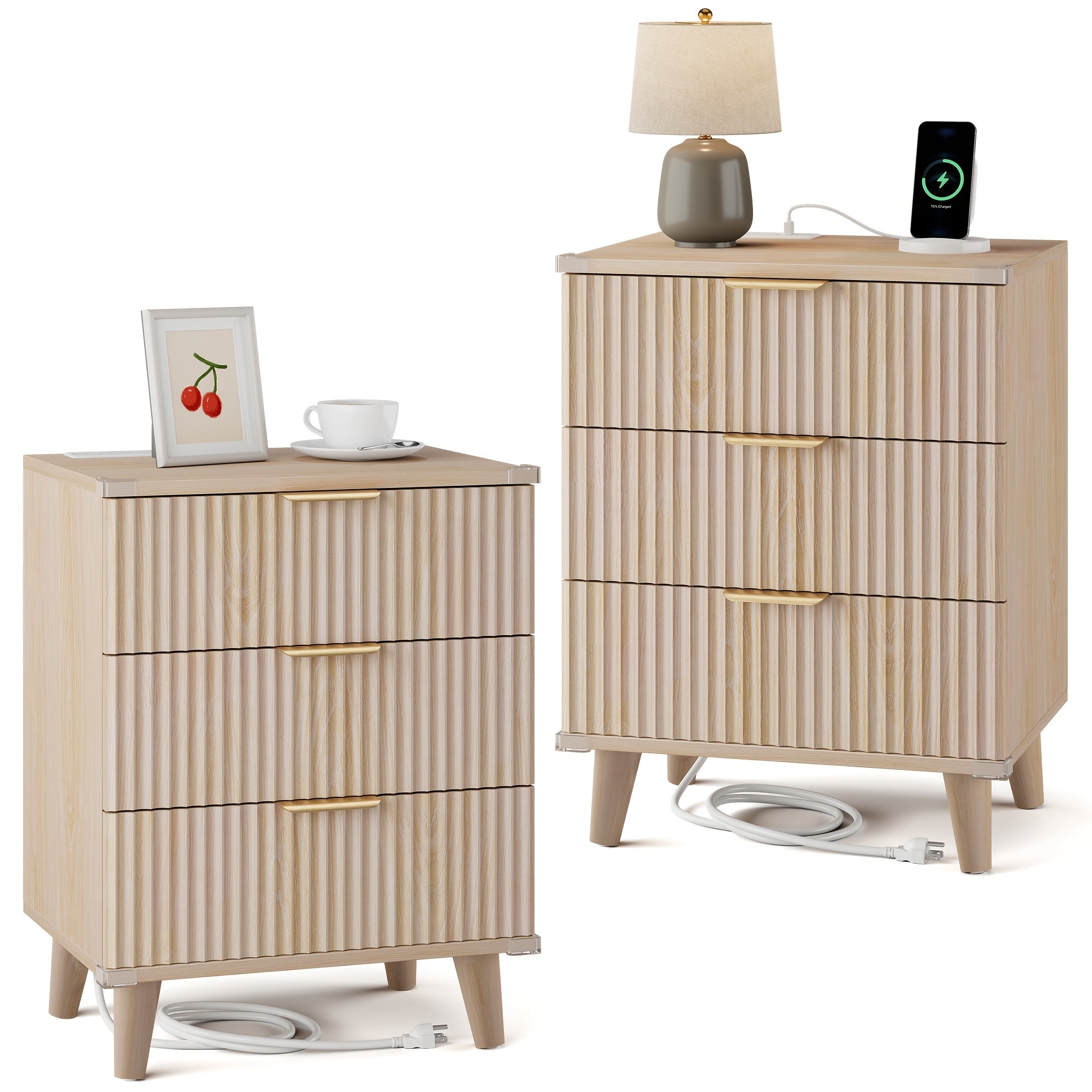 1pc Nightstand With Charging Station, Side Table With 3 Drawers, Bedside End Table With 2 USB Ports And 2 AC Outlets, Night Stand For Bedroom, Small Dresser For Small Spaces