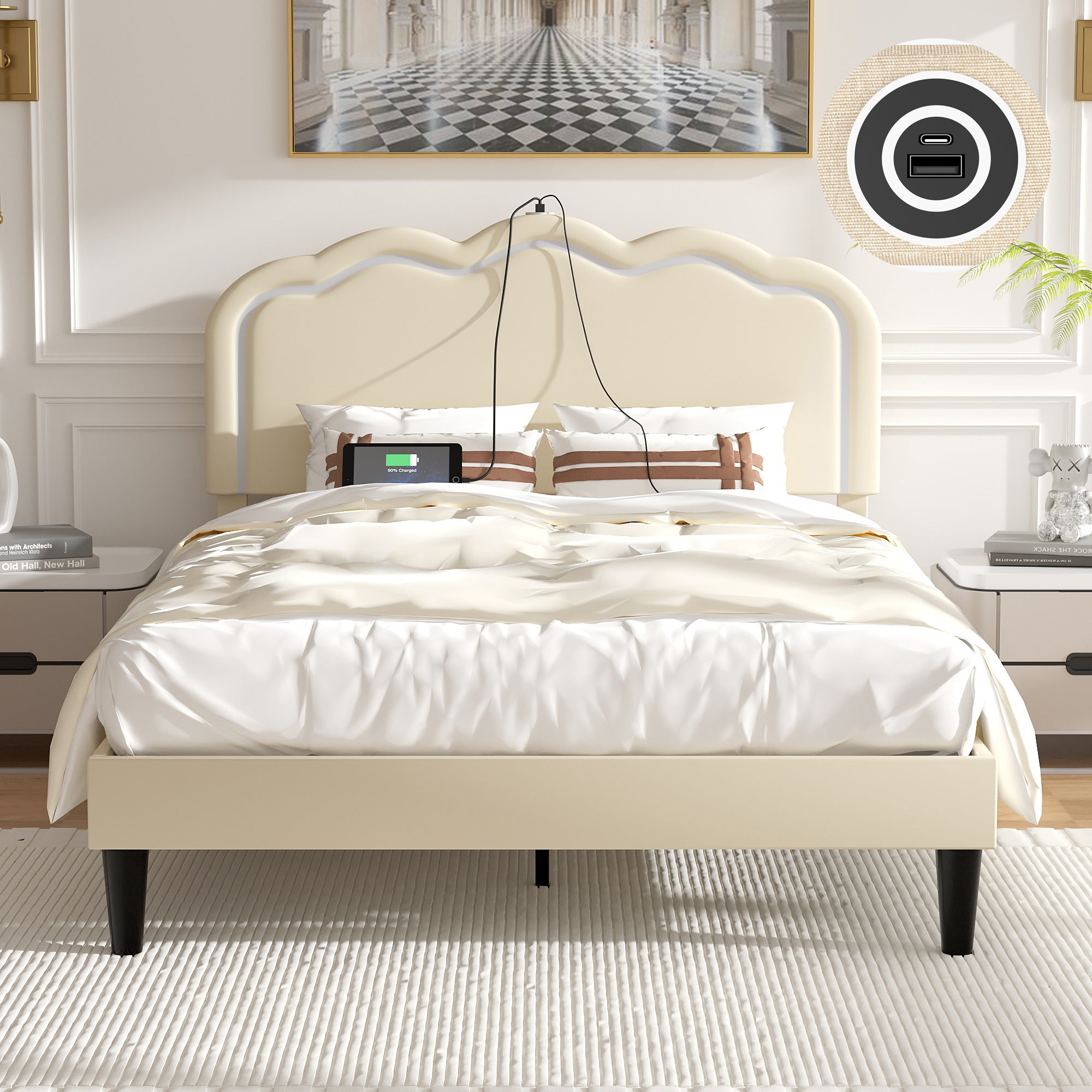 VECELO Twin\u002FFull\u002FQueen Size Upholstered Bed Frame with Headboard Adjustable, USB-A and Type-C, Wooden Slats Support, Beige
