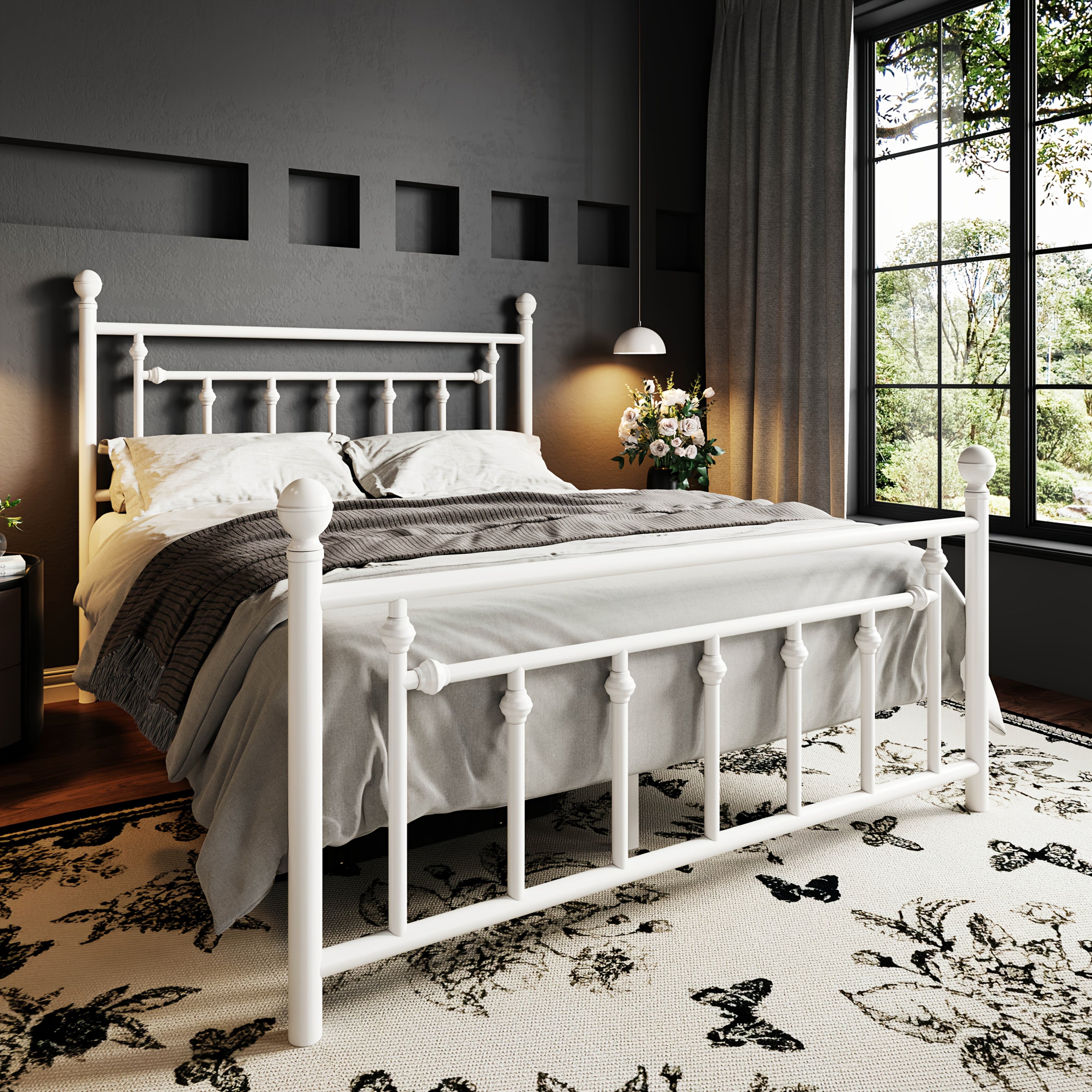 WEEWAY Modern Metal Platform Bed Frame, Vintage Iron-Art Headboard And Footboard, Under Bed Storage Space, No Box Spring Needed, Black\u002FWhite, Full\u002FQueen Size, For House To Live In, For Bedroom\u002FGuestroom, Free Shipping