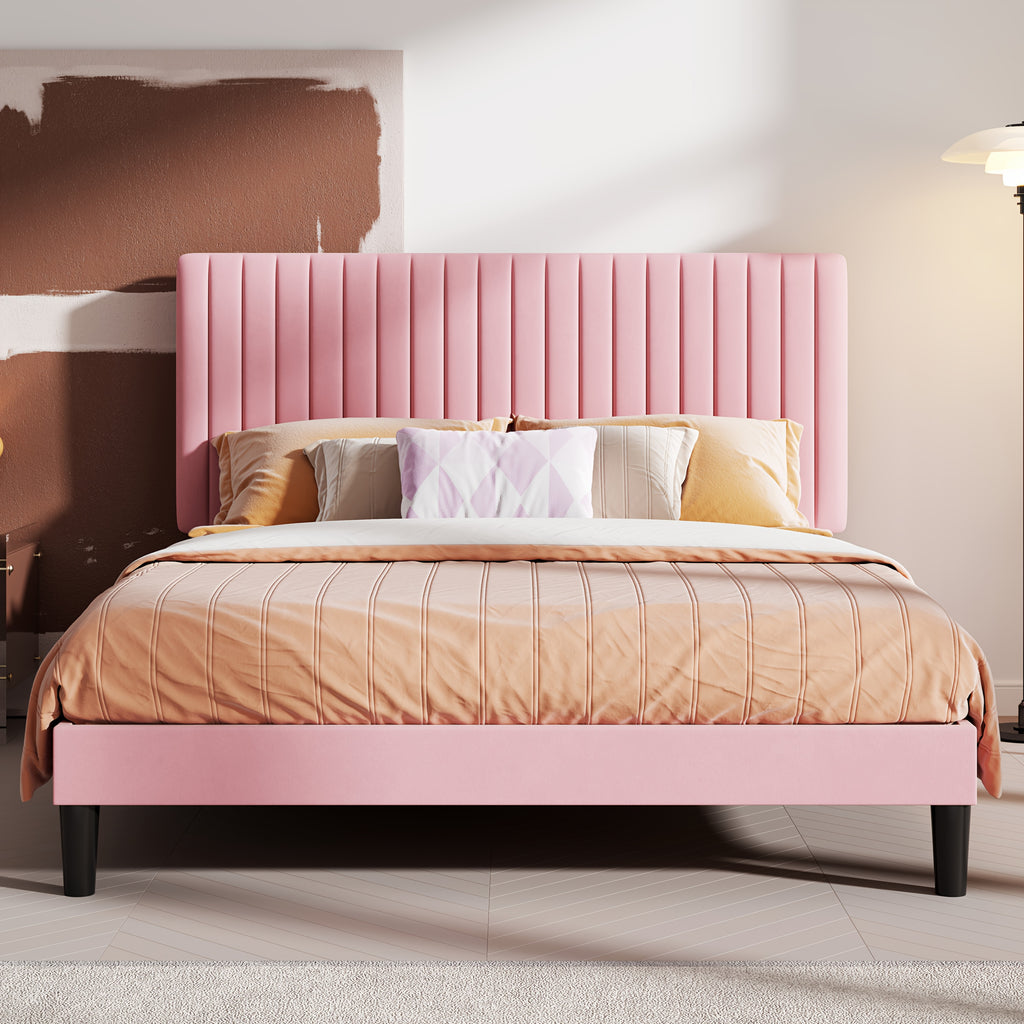 HOOMIC Velvet Upholstered Bed Frame with Adjustable Headboard, Contemporary Platform Bed Featuring Vertical Channel Tufting, Wooden Slats for Support, Optional Box Spring, Ideal for Home Bedroom Furniture, Free Shipping Available