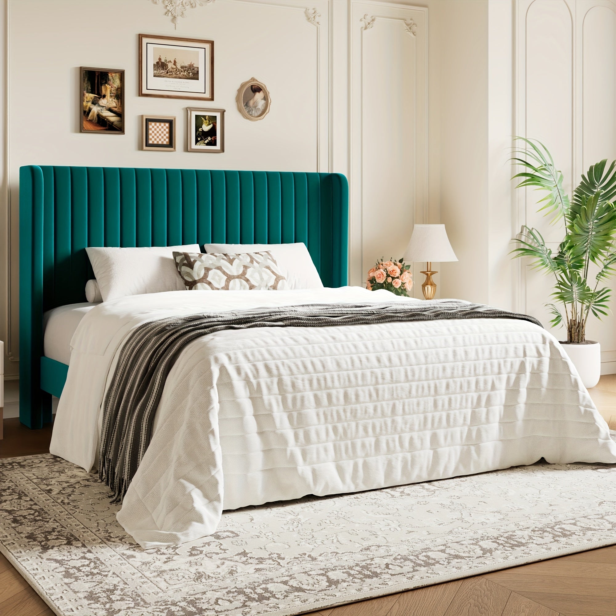 WEEWAY Wingback Velvet Upholstered Platform Bed Frame, Vertical Channel Tufted Headboard, Wooden Slats Support, Heavy Duty Mattress Foundation, No Box Spring Needed, Easy Assembly, Avabliable Full\u002FQueen\u002FKing Size, Free Shipping