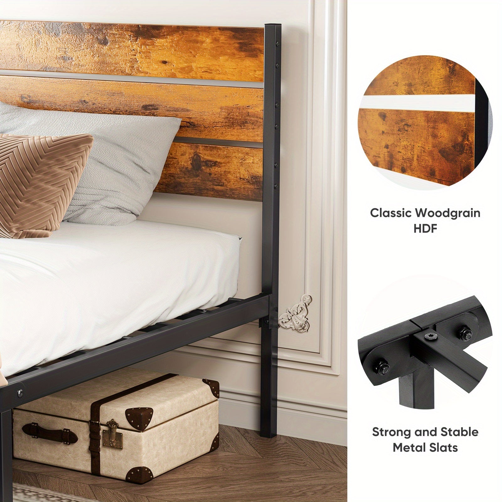Metal Frame Bed Frame with Headboard, No Box Spring, Has Sturdy Wood Slats to Support 800 Lbs, Can Be Purchased Separately Or with a 2pcs Bedside Organizer (Fabric Drawer with 2 Storage Unit Compartments), Suitable for Bedroom, Living Room