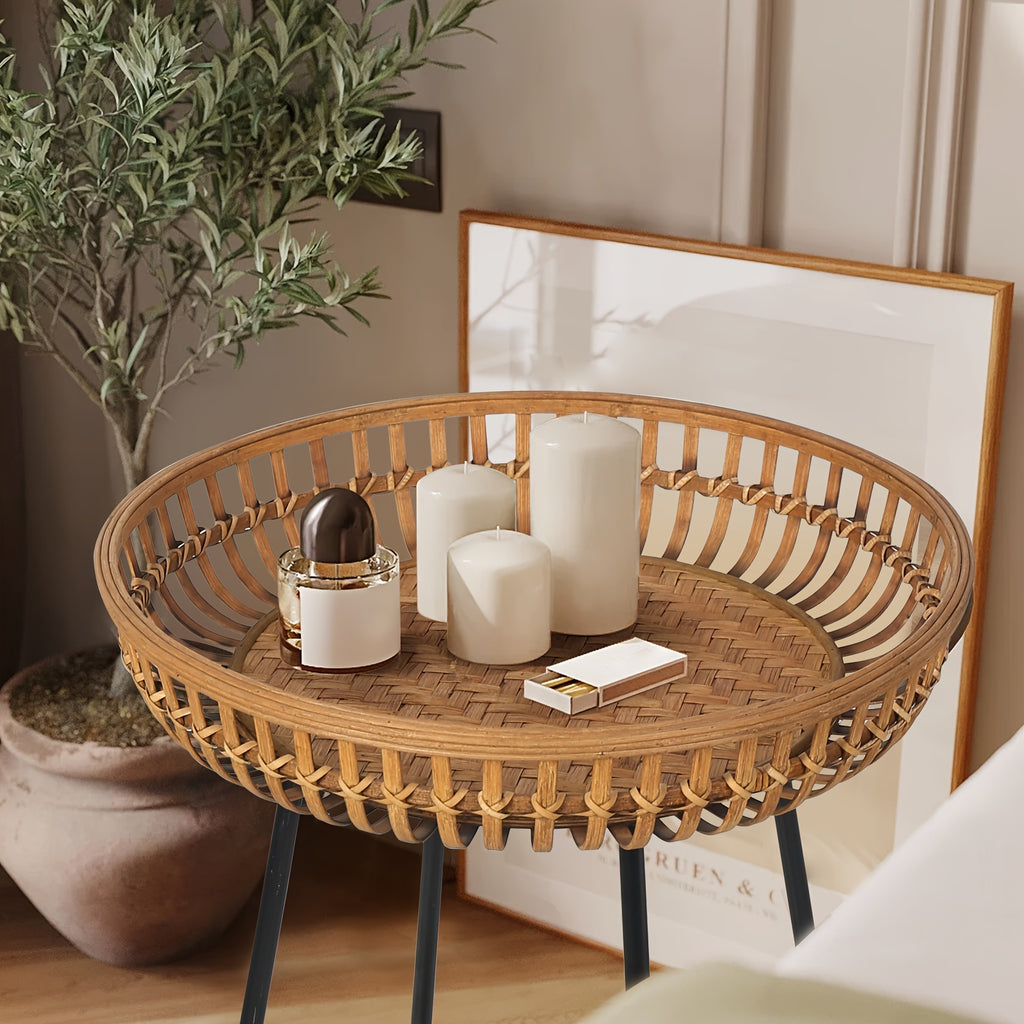 Oakrian Rattan Side Table Nesting Tables Set Of 2, Bamboo Round Table Coffee Table Metal Base End Table for Boho Living Room, Sofa, Bedroom, Terrace, Accent Table(20.47inch)