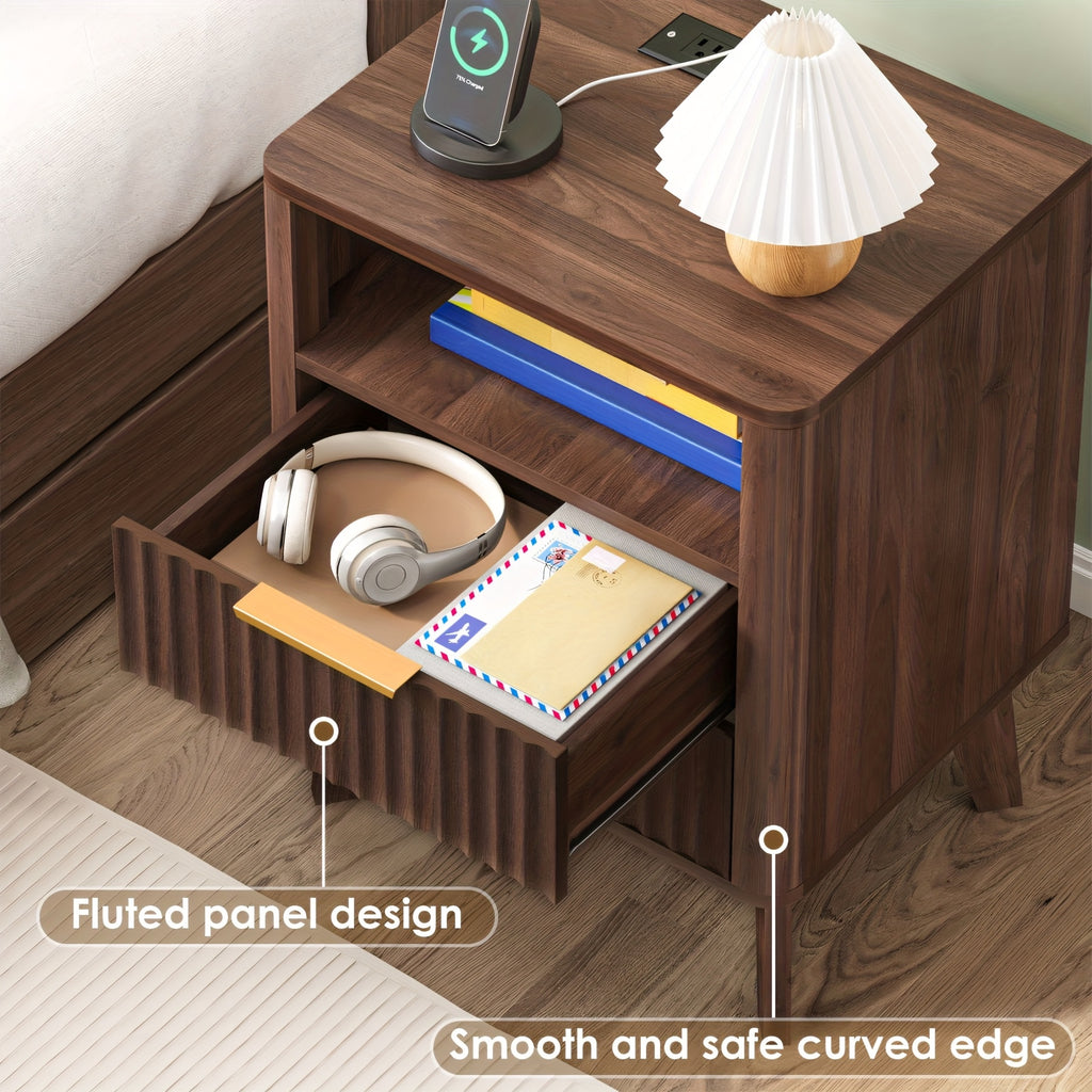 Large Fluted Night Stand with Charging Station | Mid Century Modern Bedroom Side Table with 2 Drawers and Open Storage Space, Wood Color, 17.7 x 13.7 x 23.6 inches, Hardwood and Artificial Board Material, TOMNK Brand