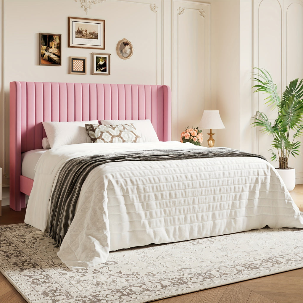 WEEWAY Wingback Velvet Upholstered Platform Bed Frame, Vertical Channel Tufted Headboard, Wooden Slats Support, Heavy Duty Mattress Foundation, No Box Spring Needed, Easy Assembly, Avabliable Full\u002FQueen\u002FKing Size, Free Shipping