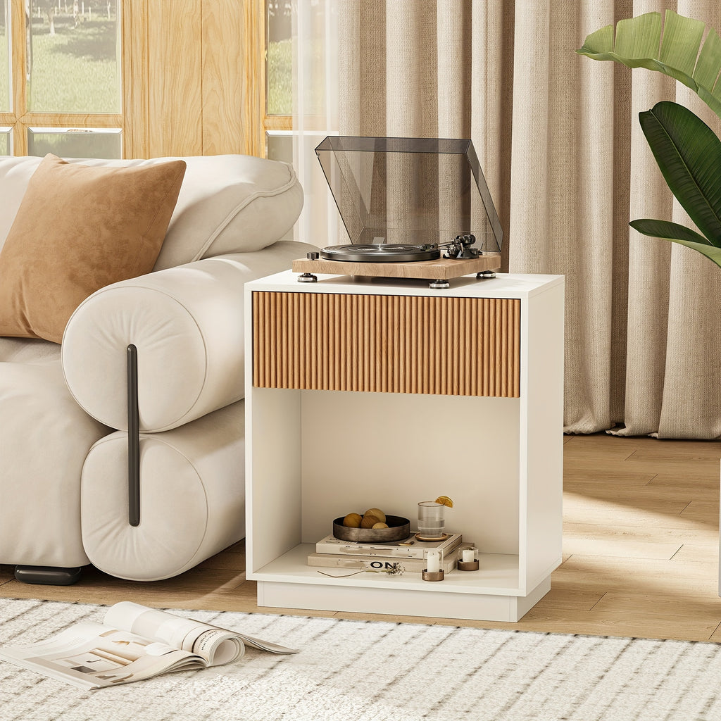 Set of 2 Modern Mid-Century White & Oak Fluted Nightstands - Bedside Tables with Drawer & Open Shelf, Particleboard &, Space-Saving End Tables for Bedroom, Living Room, Office, Sofa Side (Easy Assembly)
