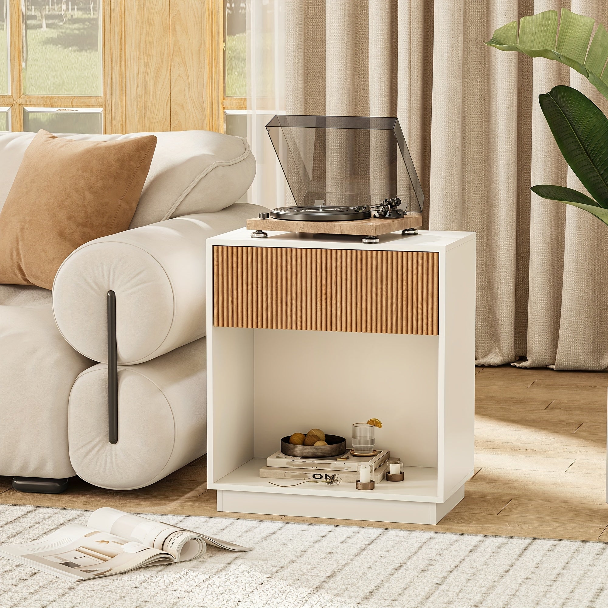 Set of 2 Modern Mid-Century White & Oak Fluted Nightstands - Bedside Tables with Drawer & Open Shelf, Particleboard &, Space-Saving End Tables for Bedroom, Living Room, Office, Sofa Side (Easy Assembly)