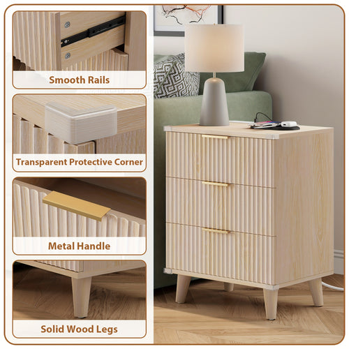 1pc Nightstand With Charging Station, Side Table With 3 Drawers, Bedside End Table With 2 USB Ports And 2 AC Outlets, Night Stand For Bedroom, Small Dresser For Small Spaces