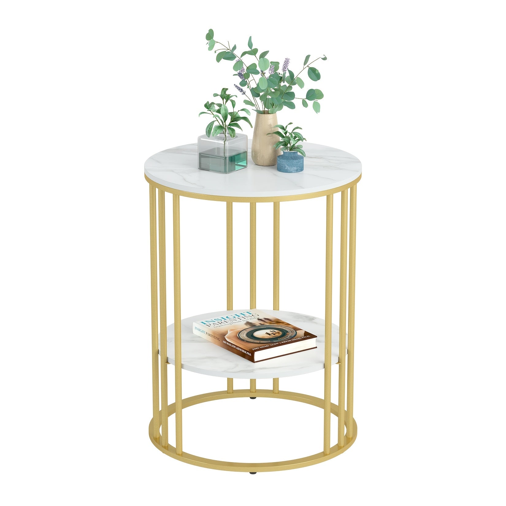 AESOME 2 Tier Modern Round Sintered Stone End Table White Sofa Side Table Small Coffee Table with Golden Frame - Modern Bedside Nightstand for Living Room Bedroom Small Spaces, Easy Assembly