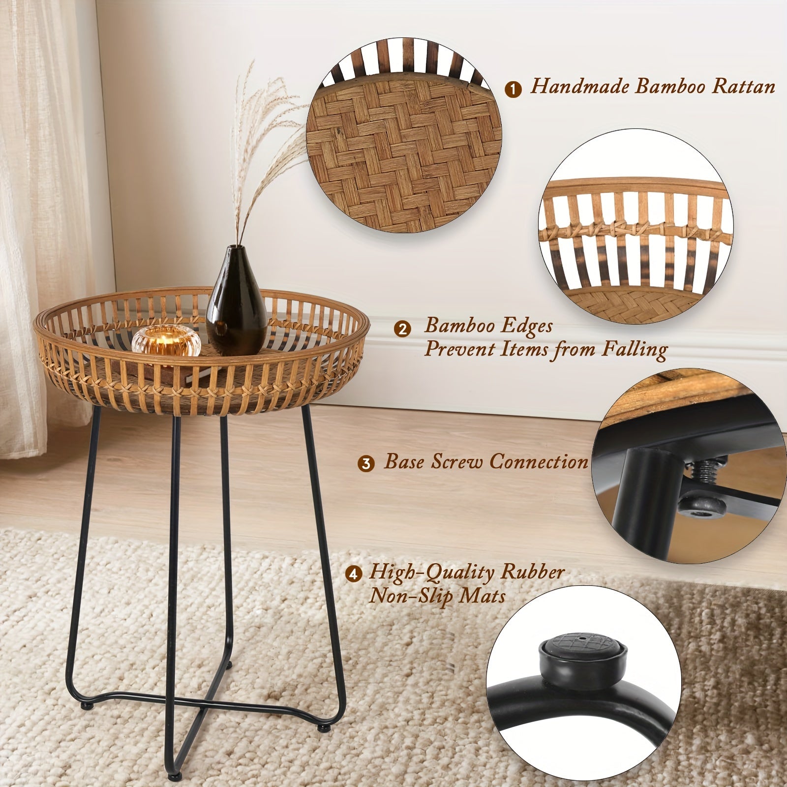 Oakrian Rattan Side Table Nesting Tables Set Of 2, Bamboo Round Table Coffee Table Metal Base End Table for Boho Living Room, Sofa, Bedroom, Terrace, Accent Table(20.47inch)