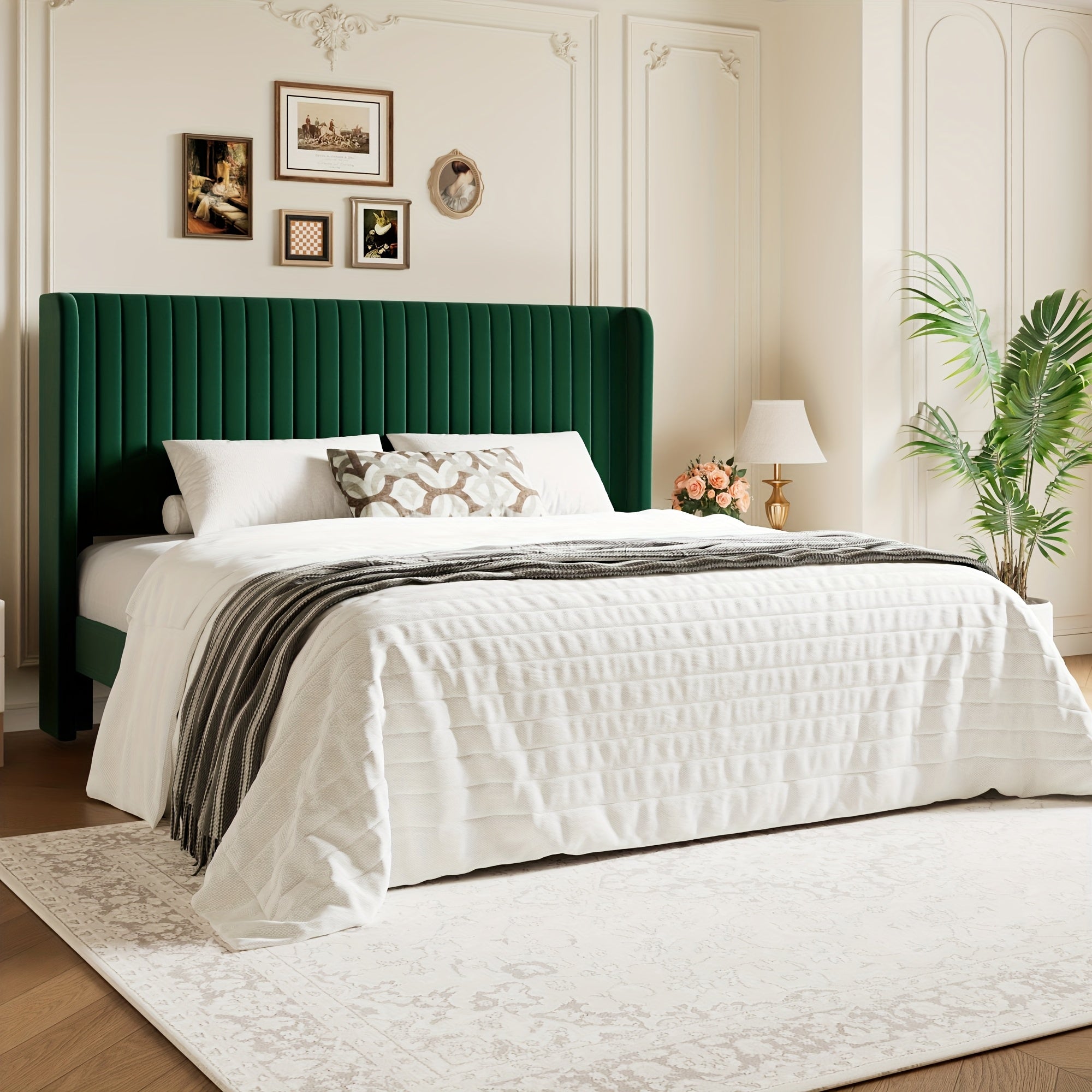 WEEWAY Wingback Velvet Upholstered Platform Bed Frame, Vertical Channel Tufted Headboard, Wooden Slats Support, Heavy Duty Mattress Foundation, No Box Spring Needed, Easy Assembly, Avabliable Full\u002FQueen\u002FKing Size, Free Shipping