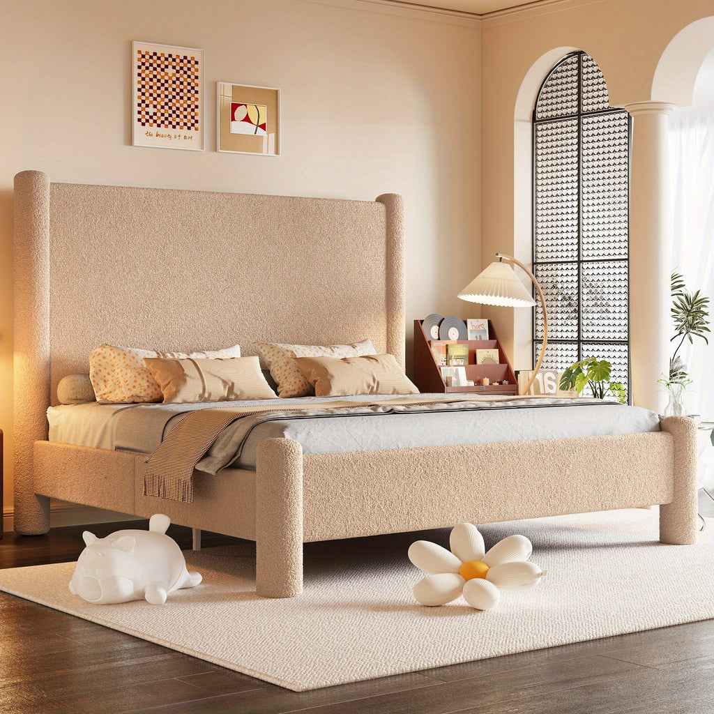 Contemporary Boucle Upholstered Bed Frame Featuring a Charging Station - Papajet Low-Height Platform Bed, to Assemble, No Box Spring Needed, Comfortable Bedroom Enhancement
